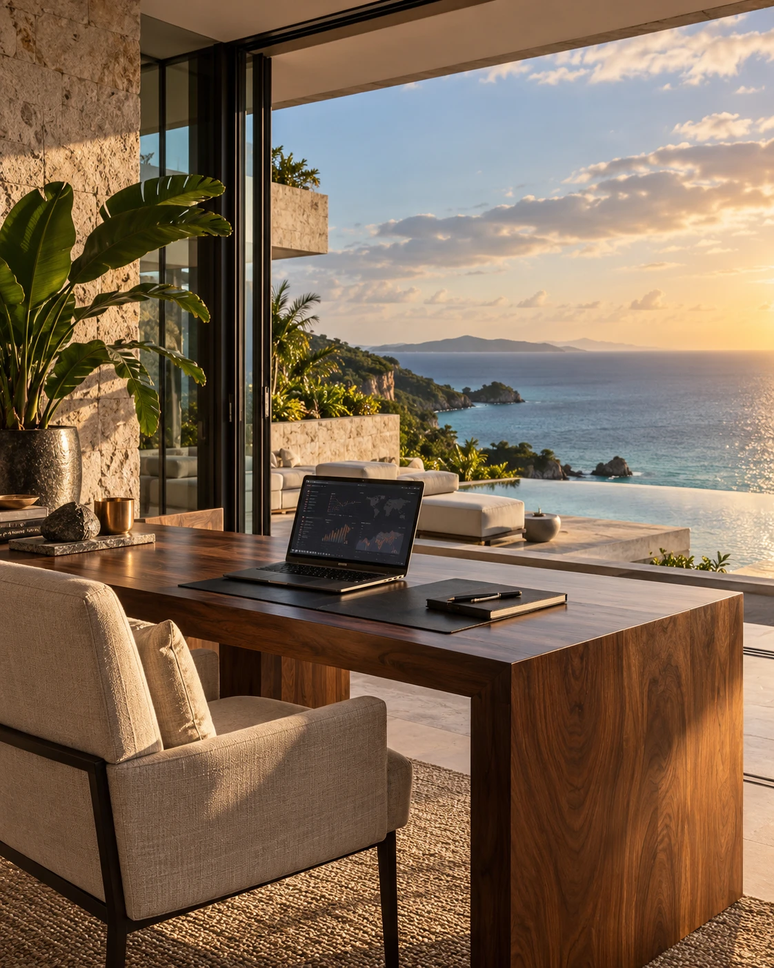 Conceptual modern Caribbean hospitality workspace overlooking the sea